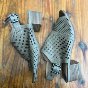 RESTRICTED Open Toe Wood Stack Heel Perforated top women’s 6.5